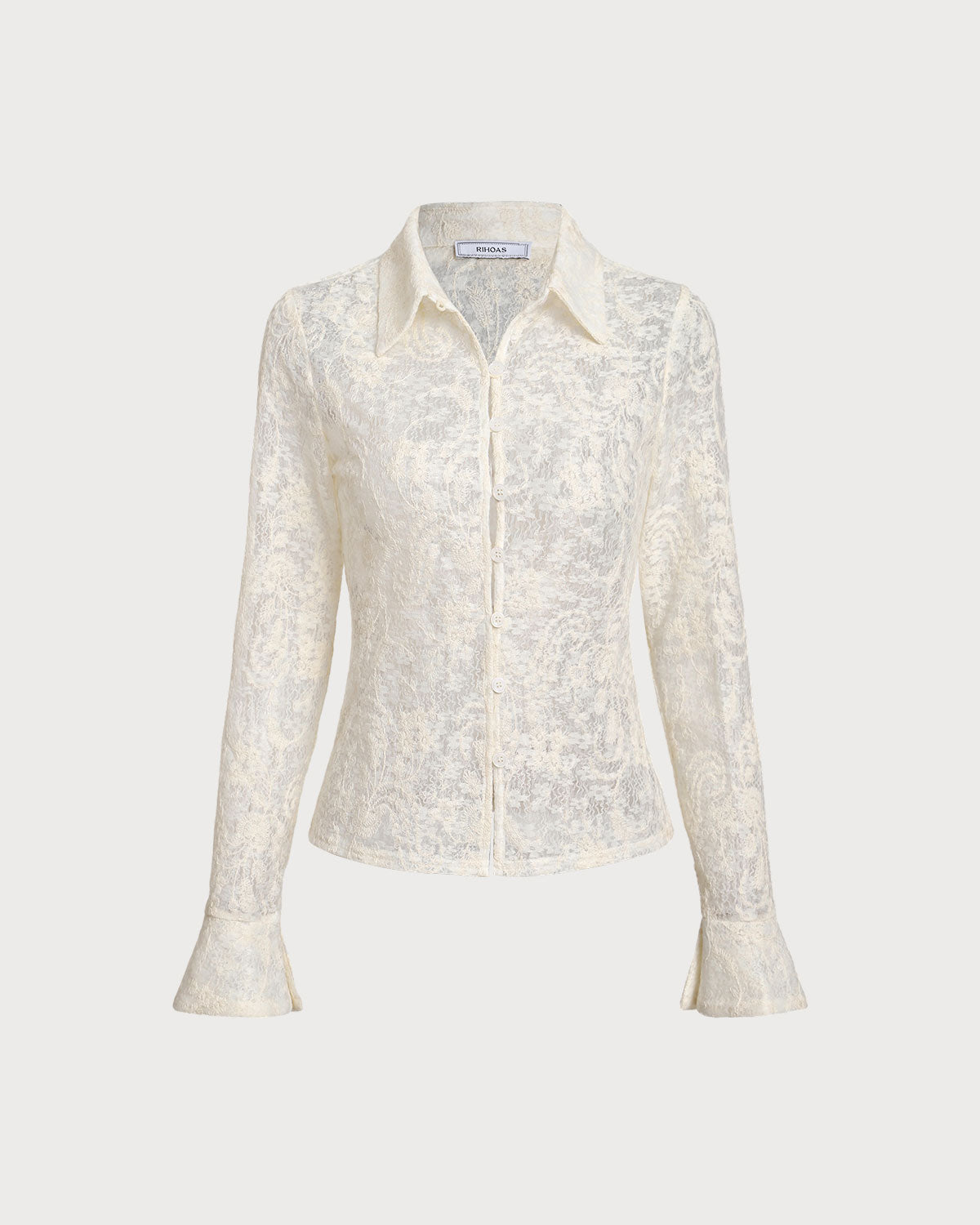 White Jacquard Bell Sleeve Button Blouse