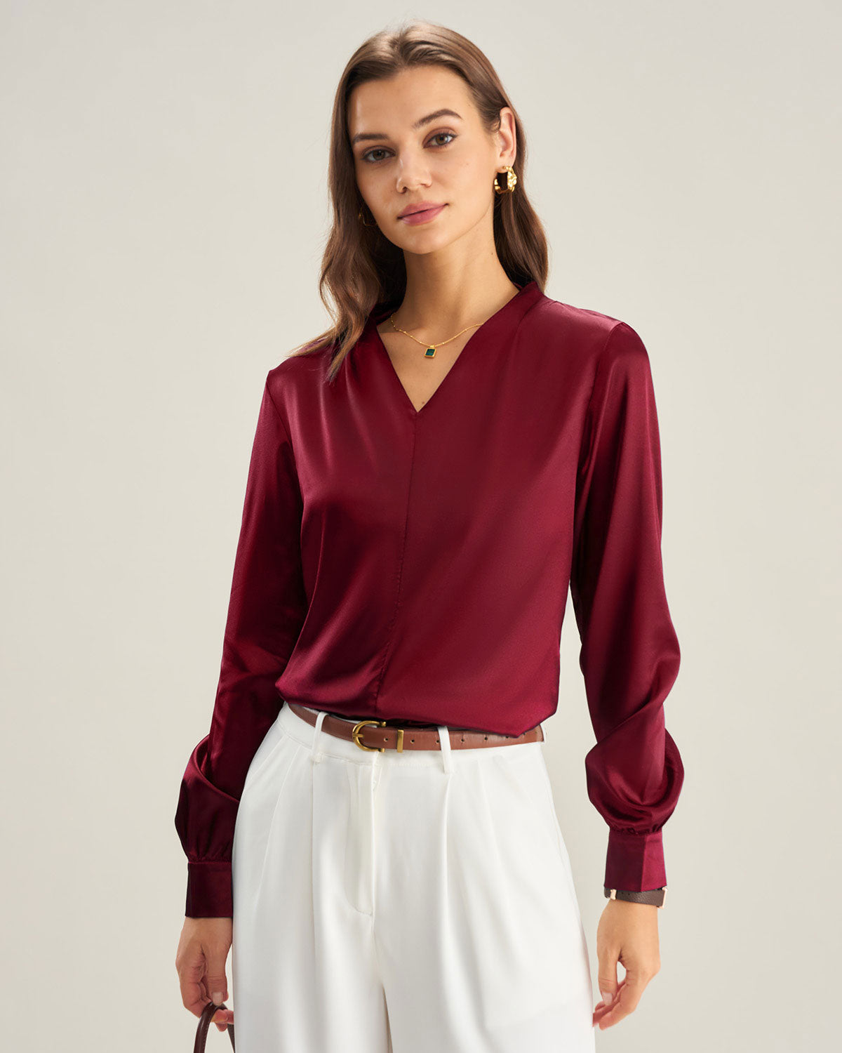 Wine Red Satin V Neck Shirt