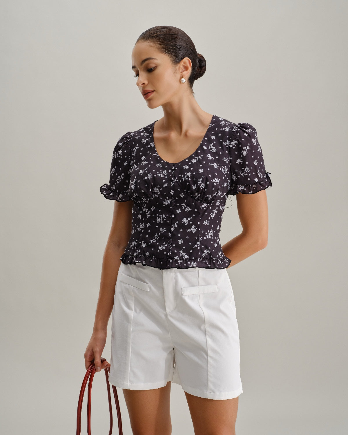 Black Floral Scoop Neck Blouse