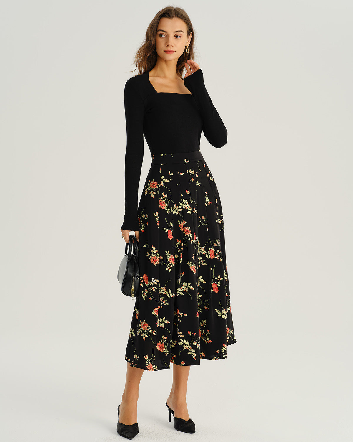 Black Floral A-Line Midi Skirt