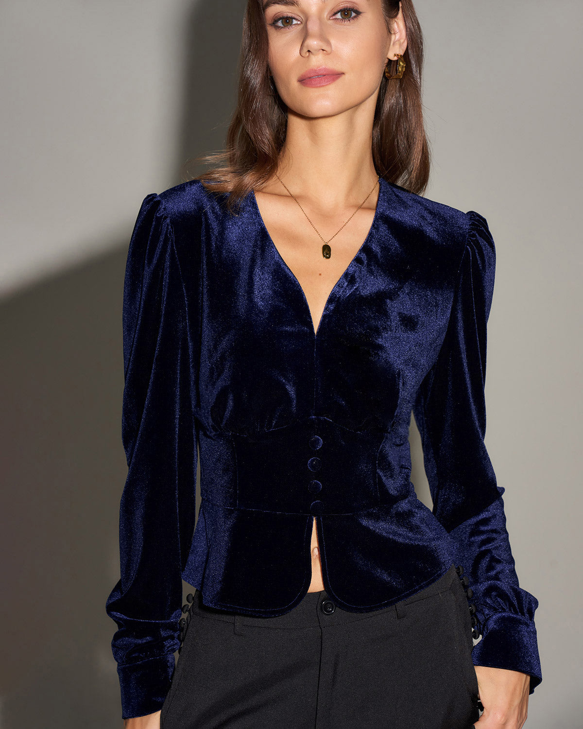 Navy V Neck Velour Blouse