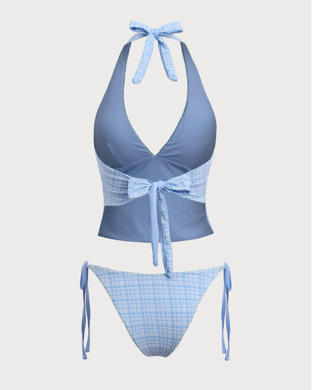 Blue Knitted Plaid Tankini Swimsuit