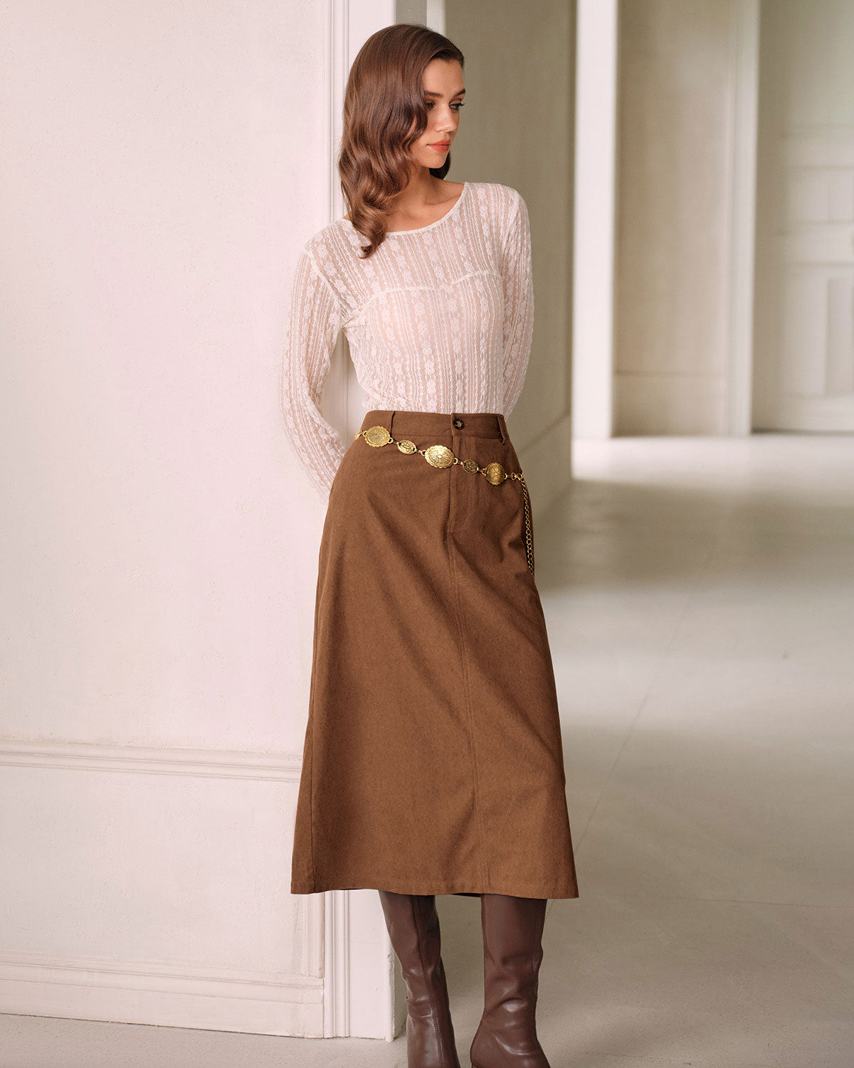 Brown Natural Waisted Straight Skirt