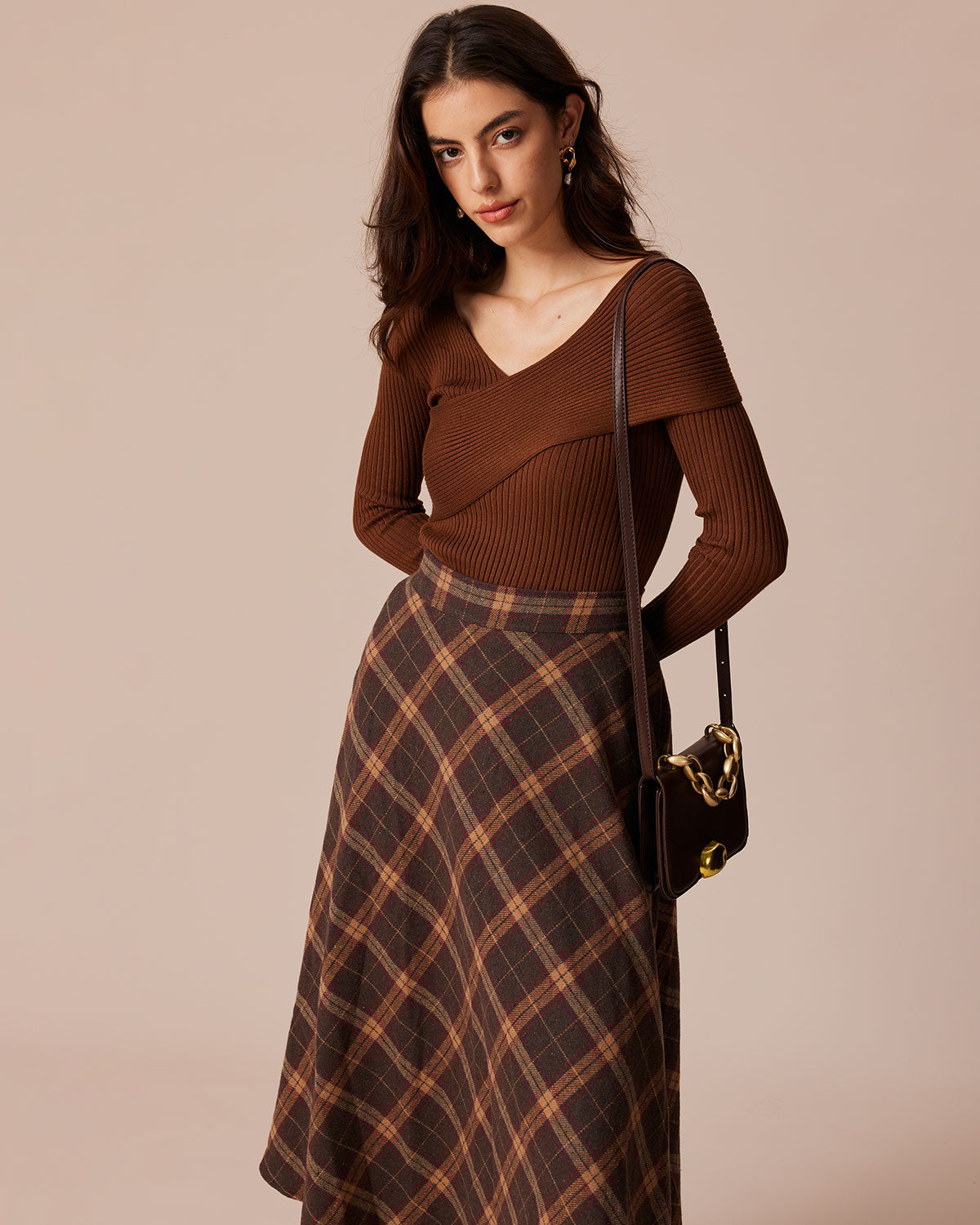 Coffee Ribbed Knit Slim Tee