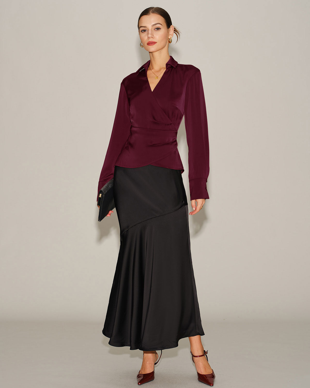 Wine Red Satin V Neck Tie Shirt