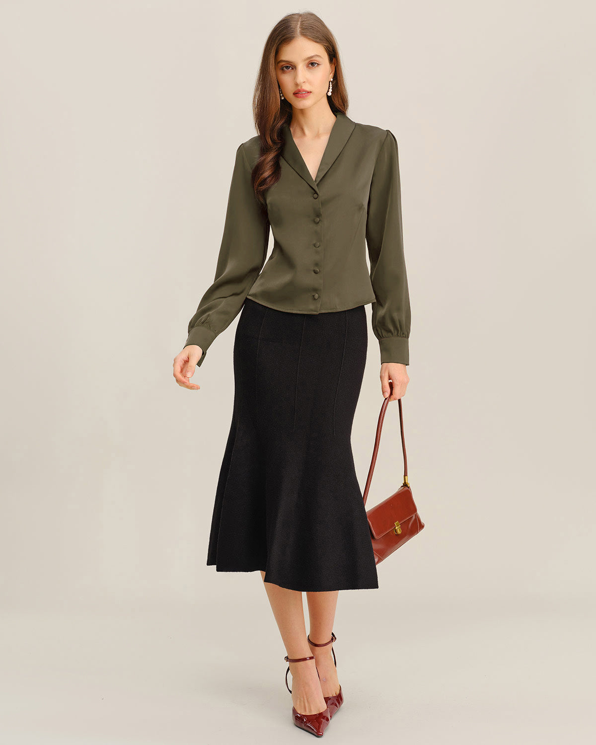 Green Satin V-Neck Shirt