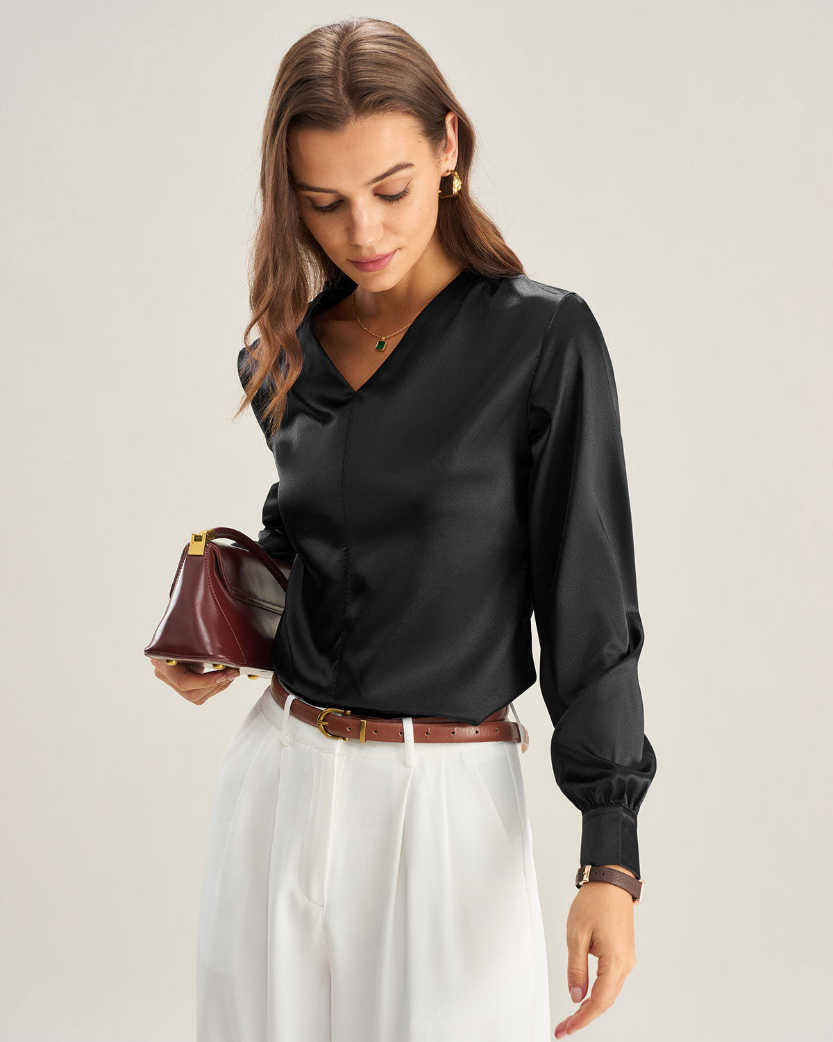 Black Satin V Neck Shirt