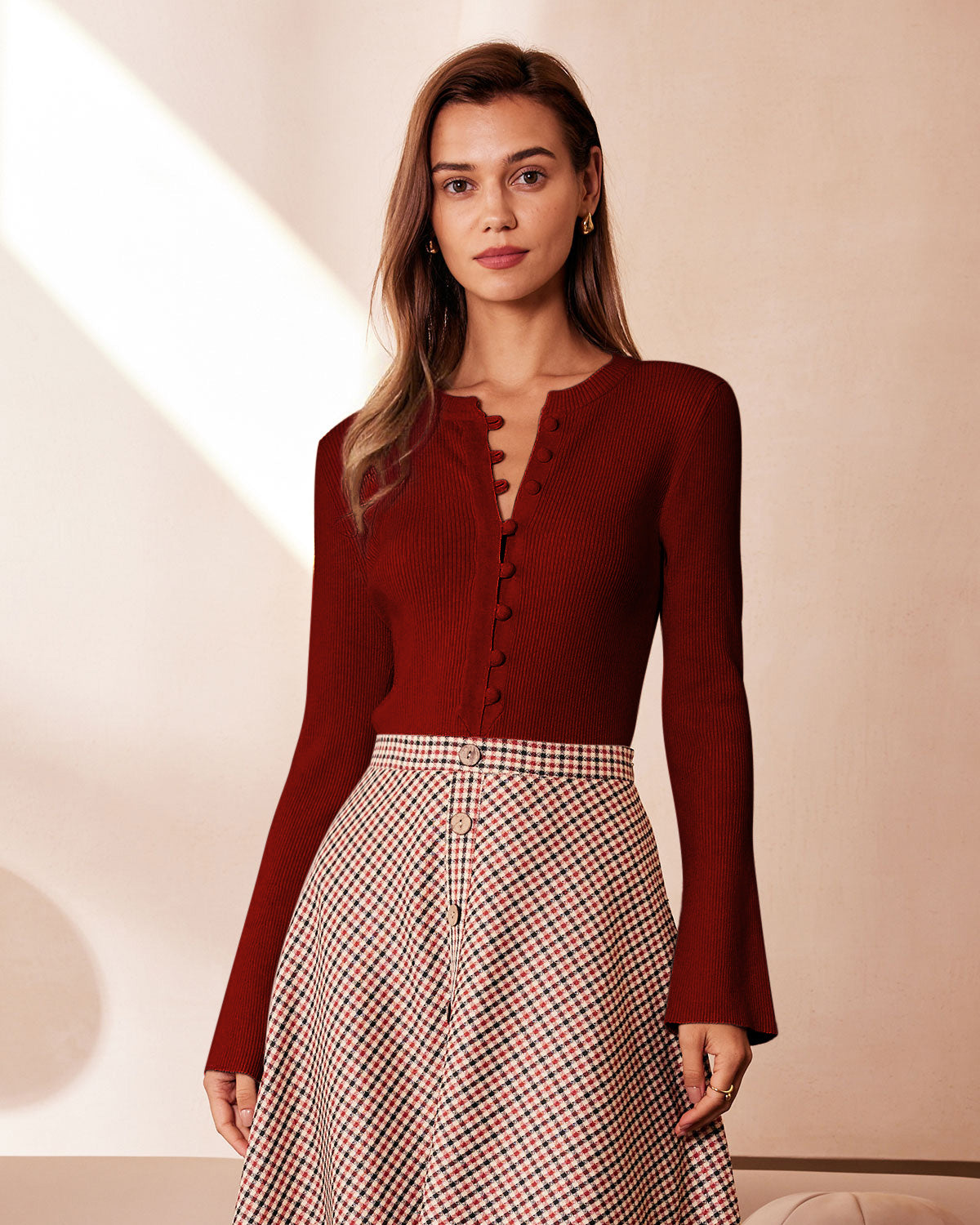 Red Bell Sleeve Ribbed Knit Tee