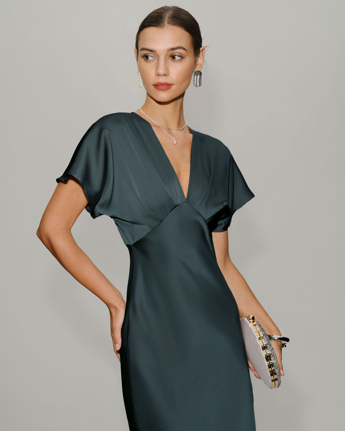 Grey Green Satin Cowl Sleeve Midi Dress
