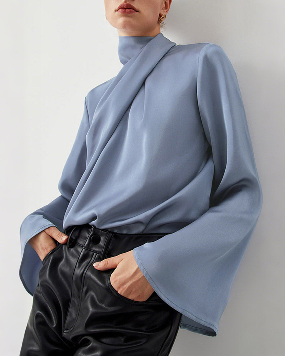 Blue Satin Pleated Blouse