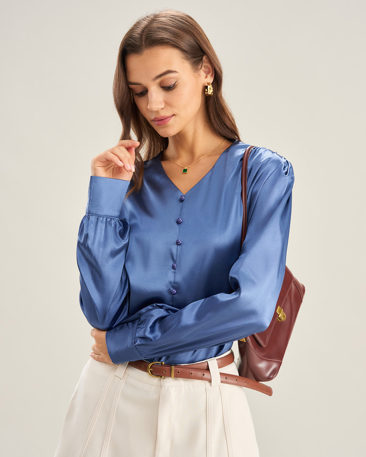 Blue Satin V Neck Loose Shirt