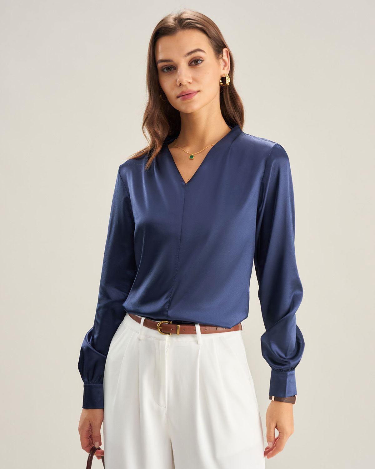 Blue Satin V Neck Shirt