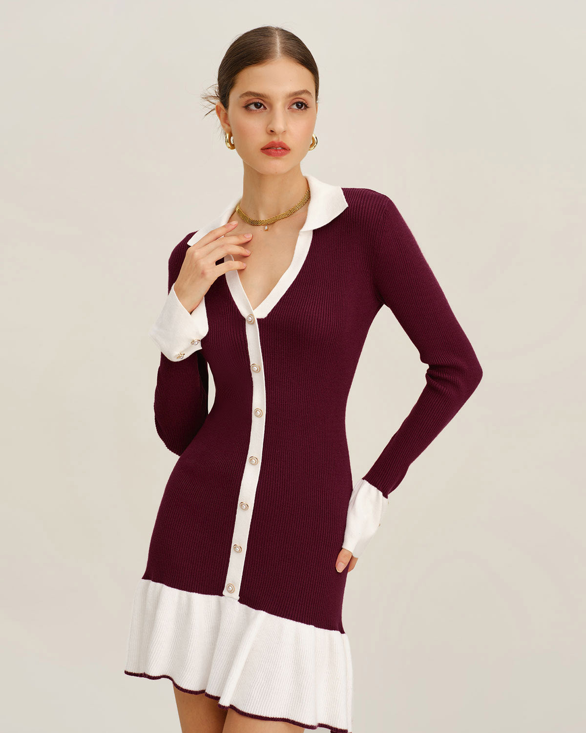 Wine Red Contrasting Sweater Dress