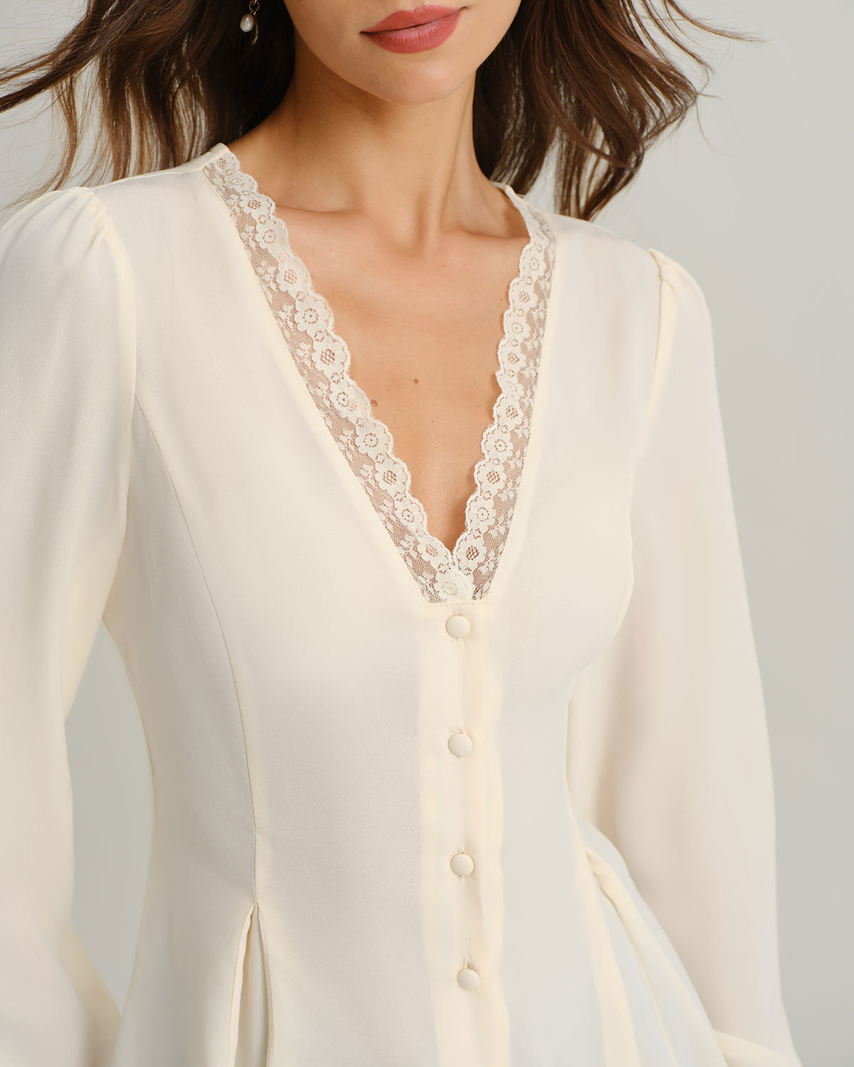 Apricot V Neck Lace Lantern Sleeve Blouse