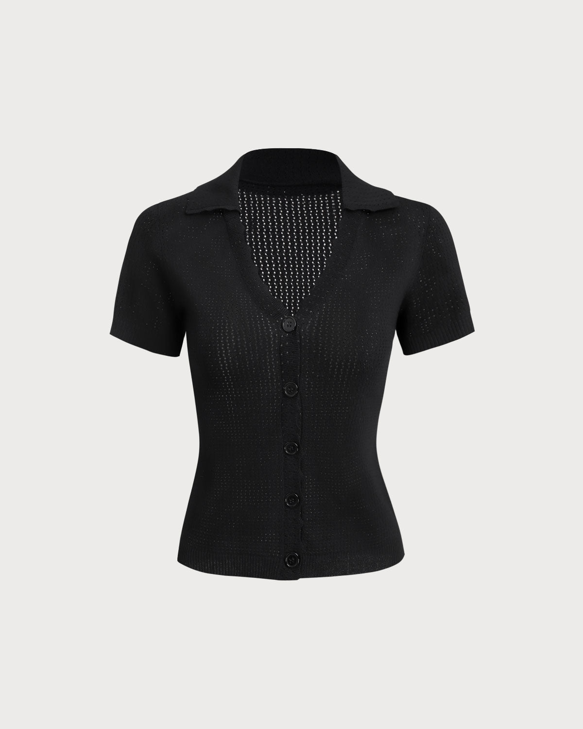 Black V Neck Button Pointelle Knit Tee