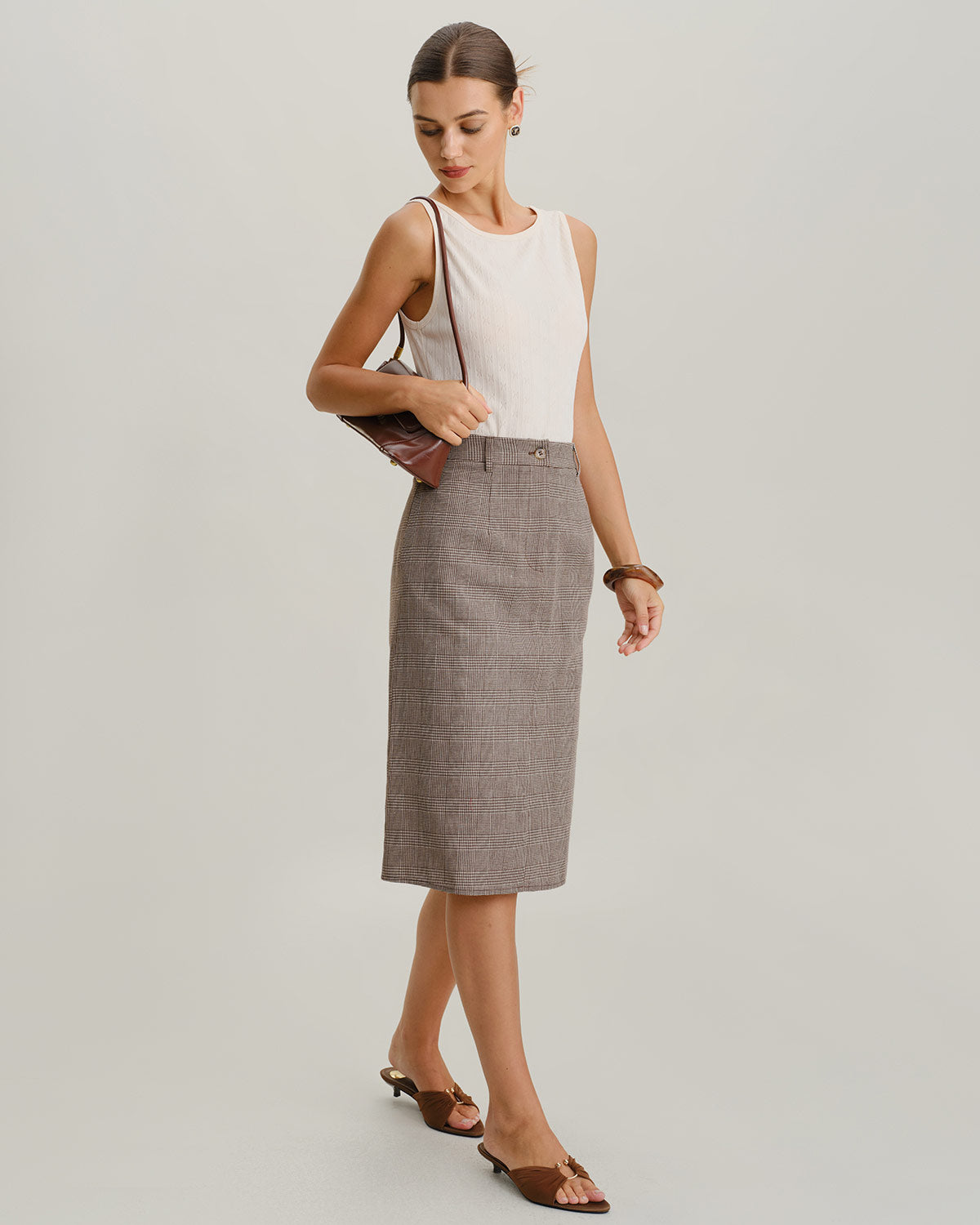 Brown Plaid Straight Midi Skirt
