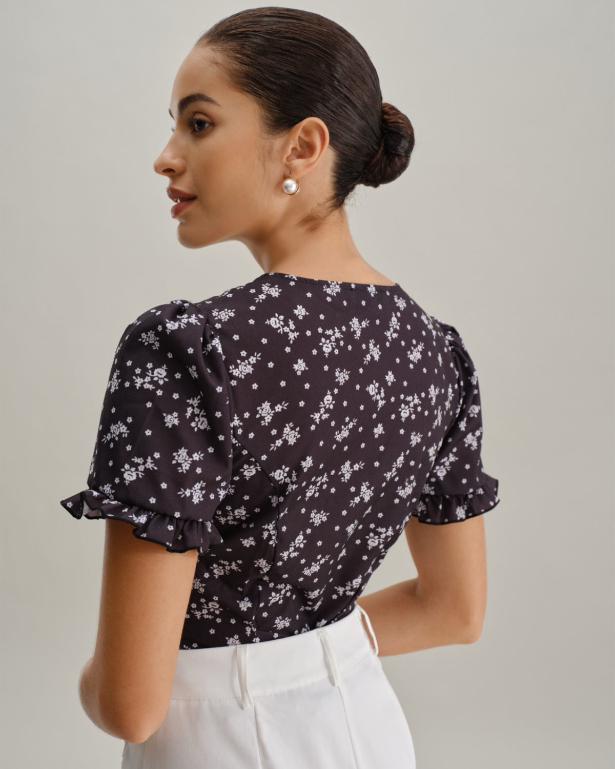Black Floral Scoop Neck Blouse
