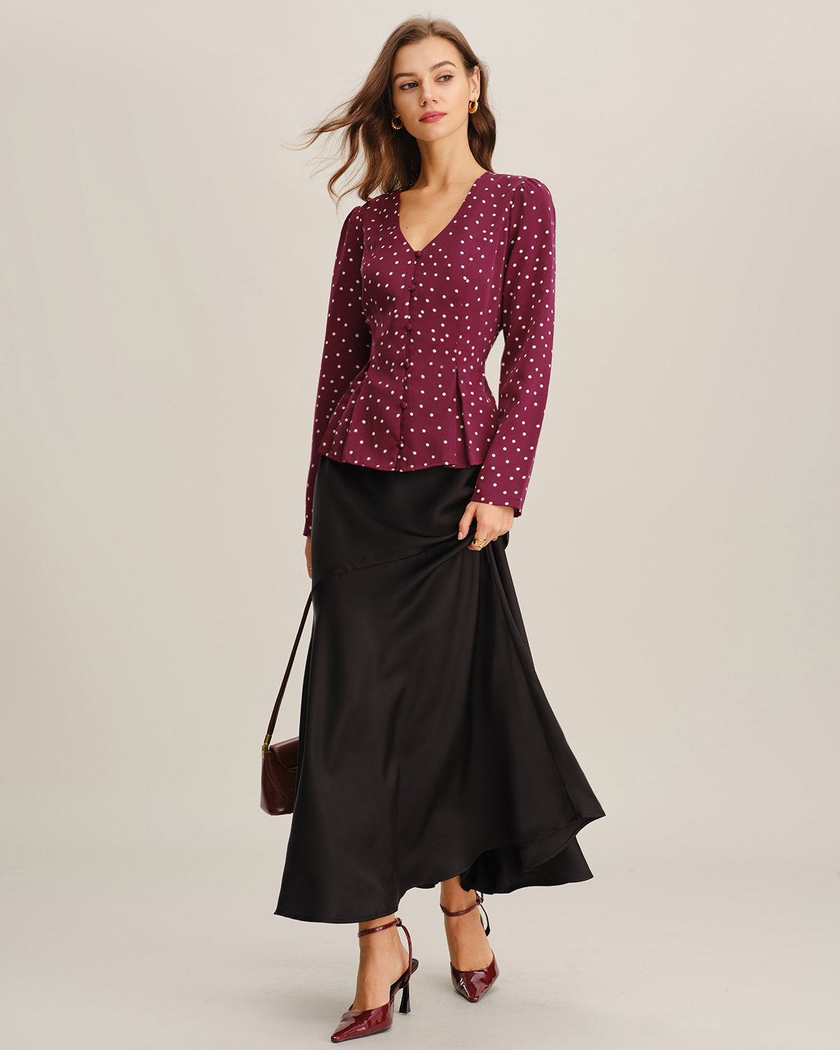 Wine Red Polka Dot V Neck Blouse