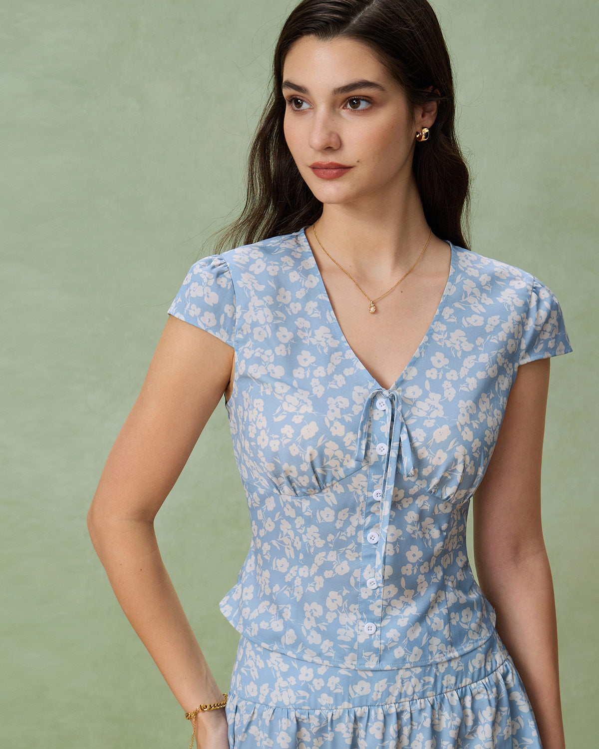 Blue Floral V-Neck Blouse