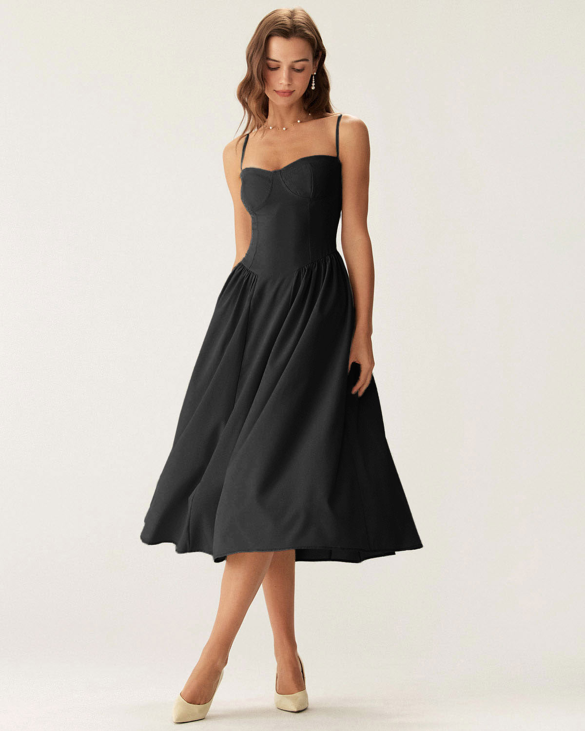 Black Square Neck Pocket Slip Midi Dress