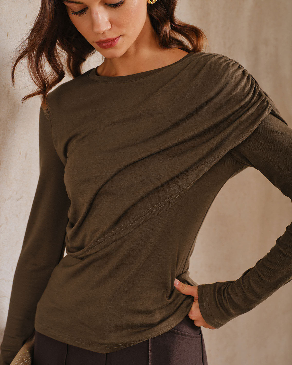 Brown Ruched Slim Knit Tee