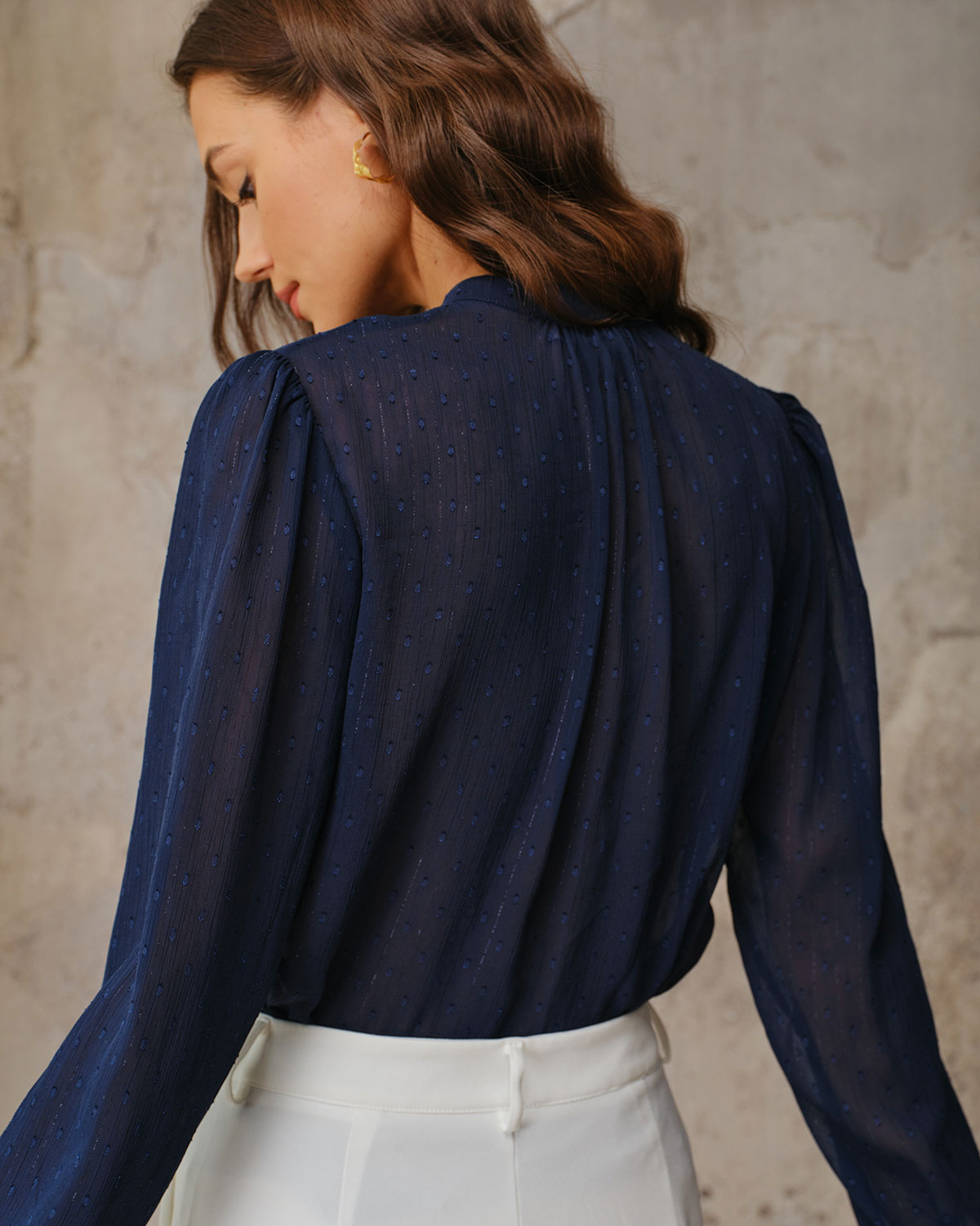 Navy Round Neck Ruched Blouse
