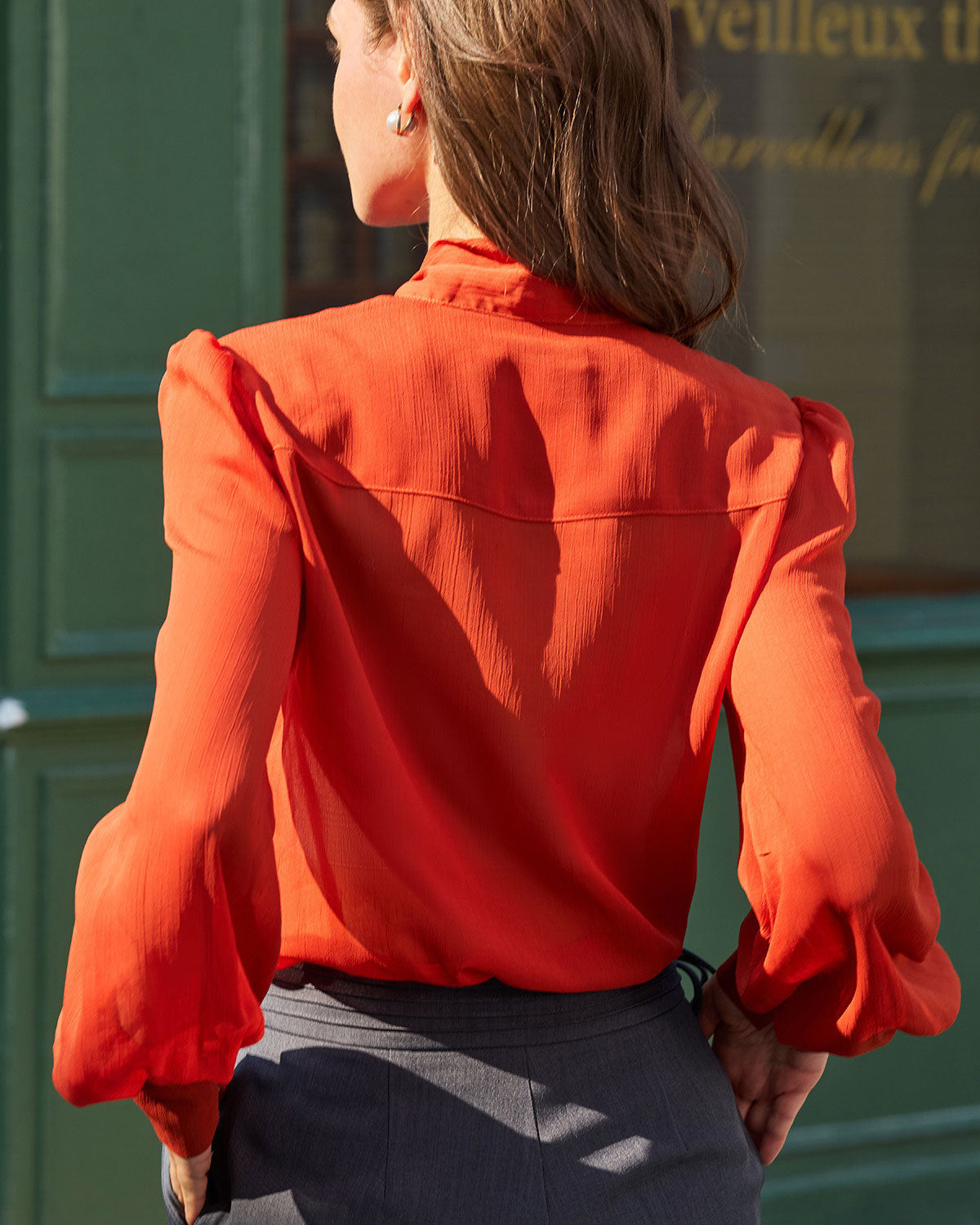 Brick Red Chiffon Tie Neck Shirt