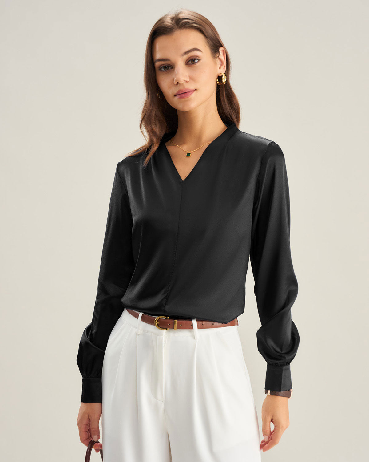 Black Satin V Neck Shirt