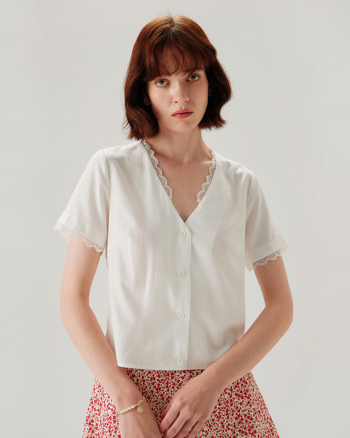 White Lace V-neck Blouse