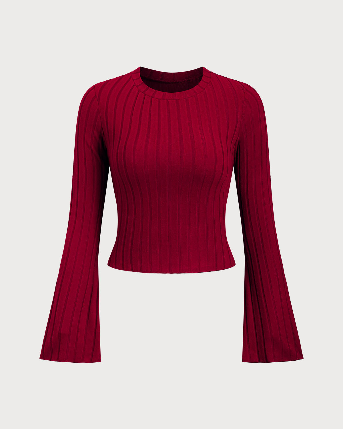 Wine Red Ribbed Knit Bell Sleeve Tee