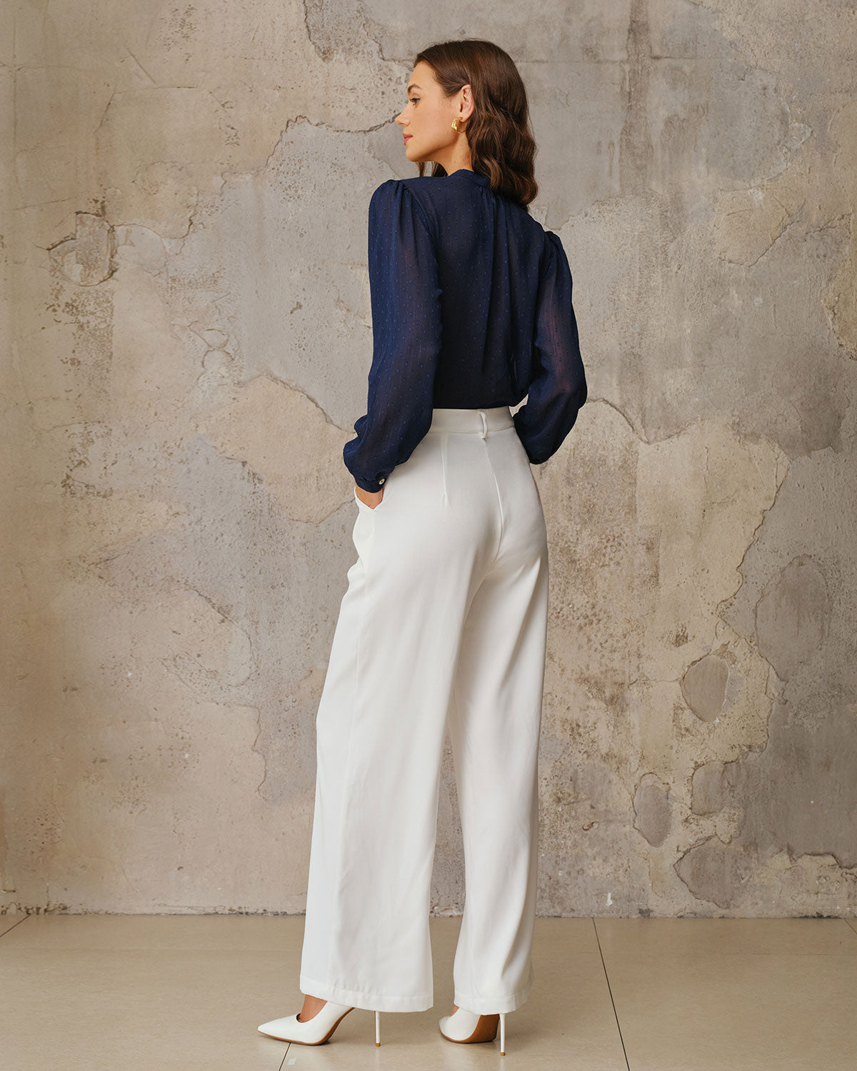 Navy Round Neck Ruched Blouse