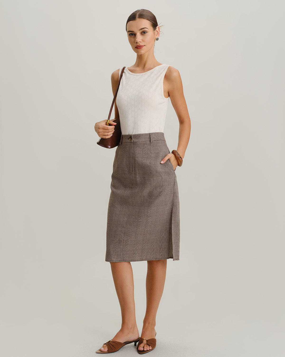 Brown Plaid Straight Midi Skirt