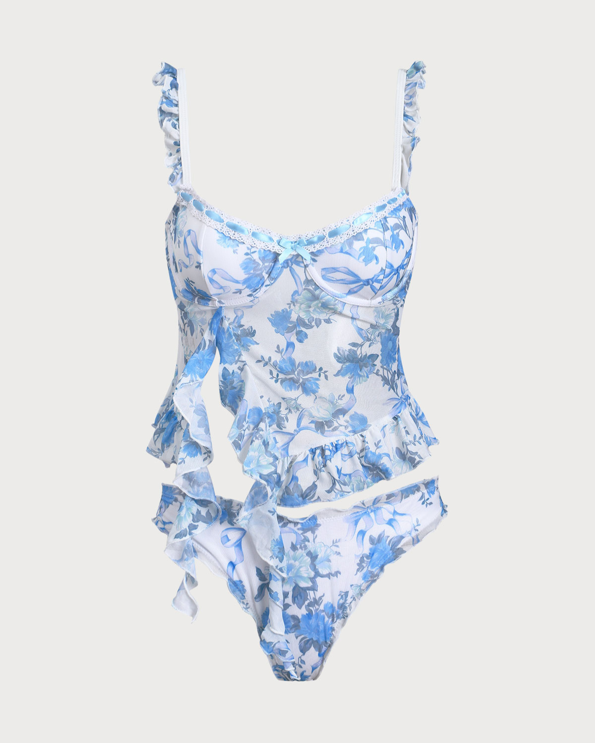 Blue Floral Ruffled Tankini Swimsuit