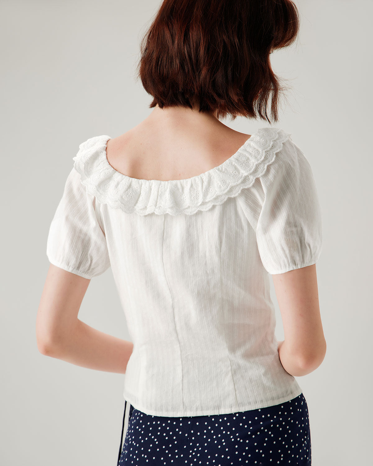 White Textured Scoop Neck Ruffle Blouse