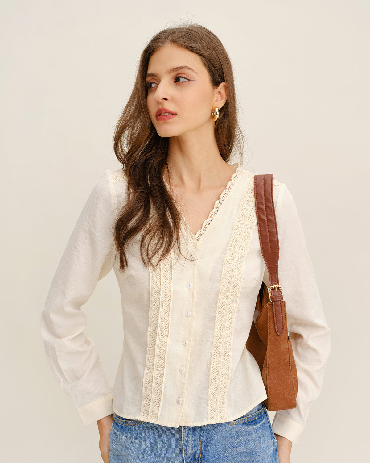 Apricot V Neck Lace Shirt