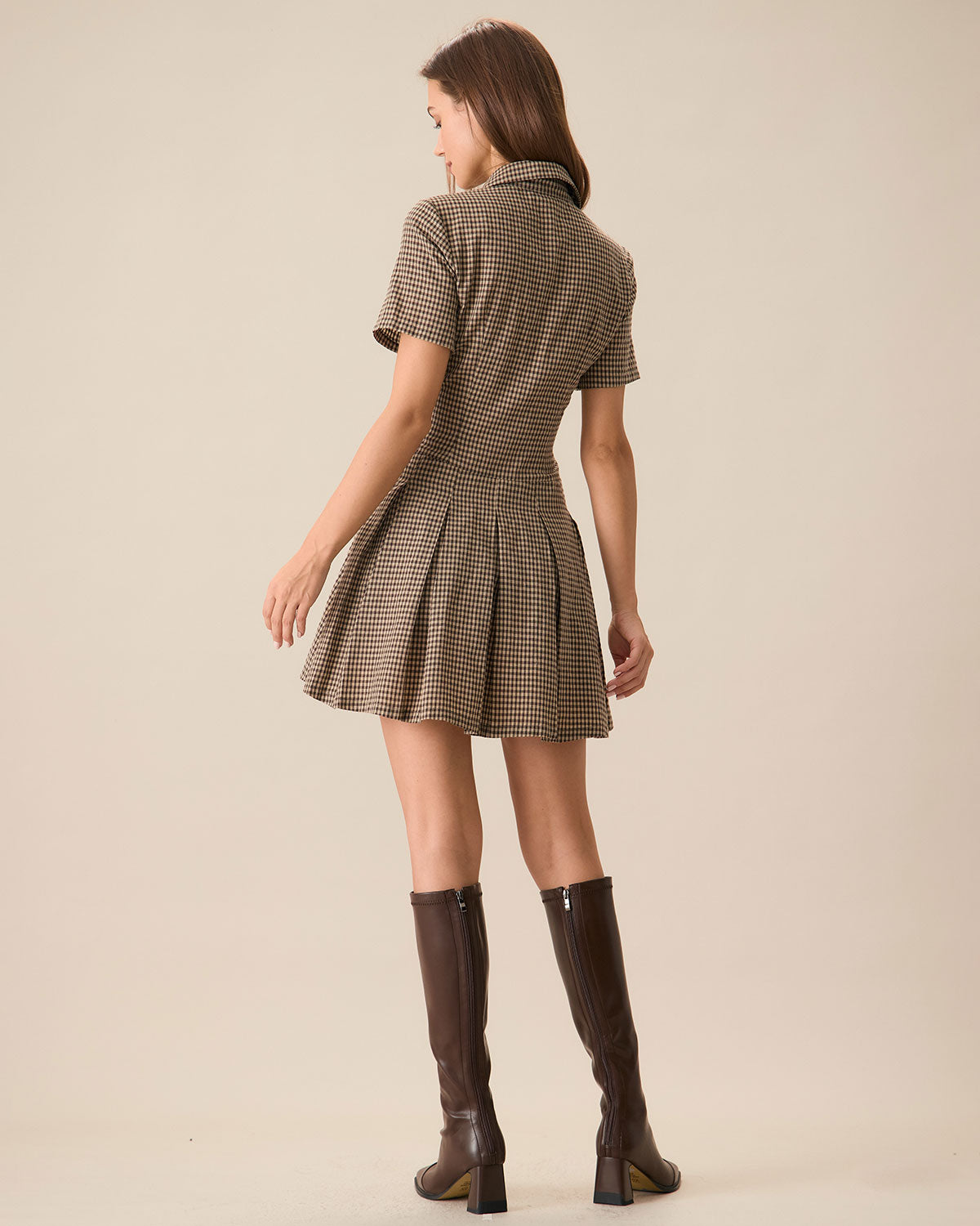 Brown Plaid Lapel Pleated Mini Dress