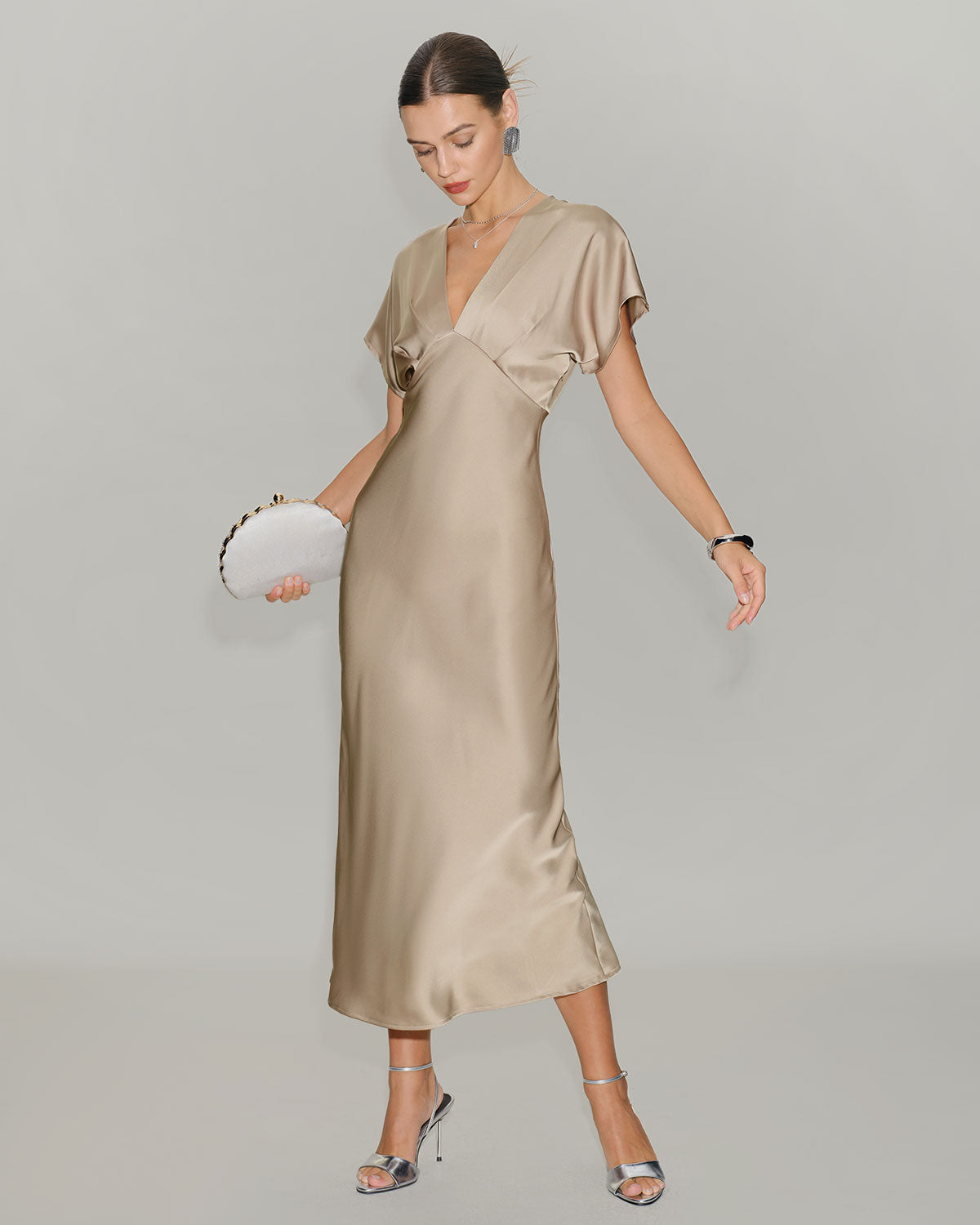 Apricot Satin V Neck A-Line Midi Dress