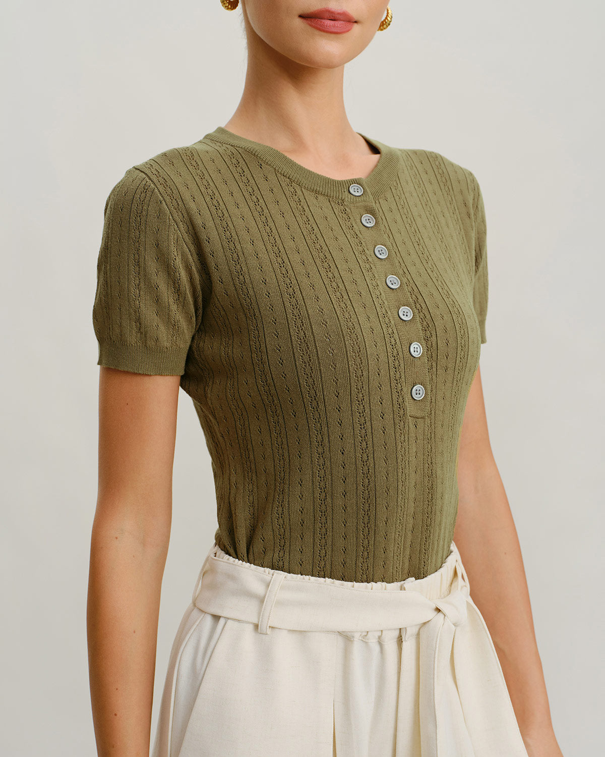 Green Round Neck Ribbed Knit Tee