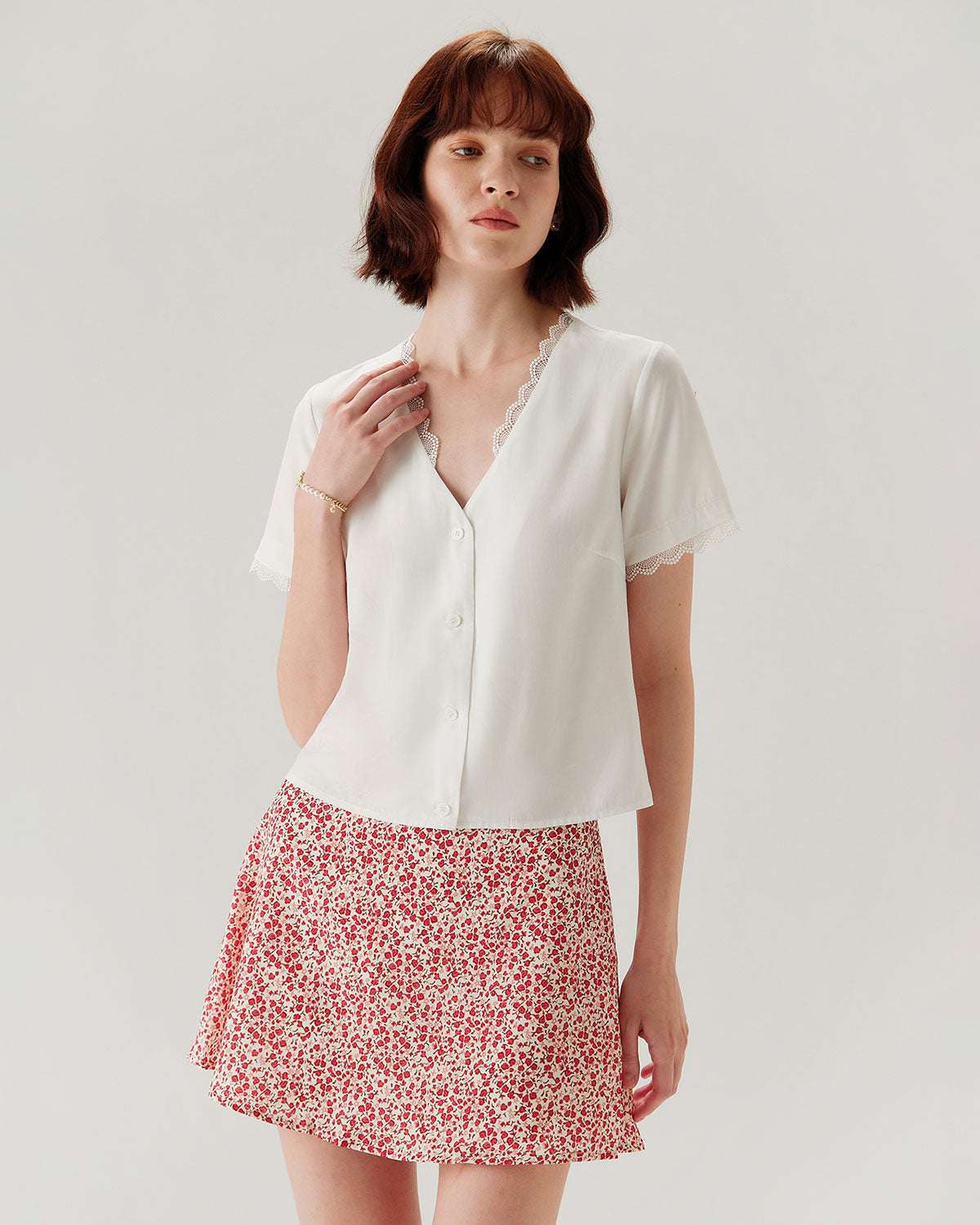 White Lace V-neck Blouse