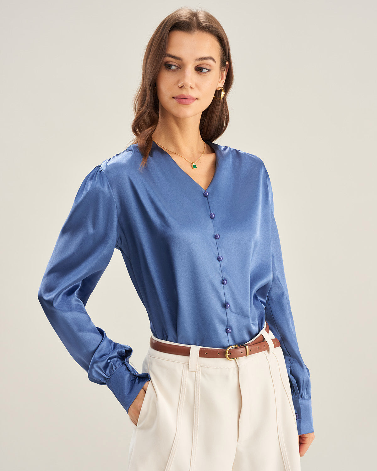 Blue Satin V Neck Loose Shirt