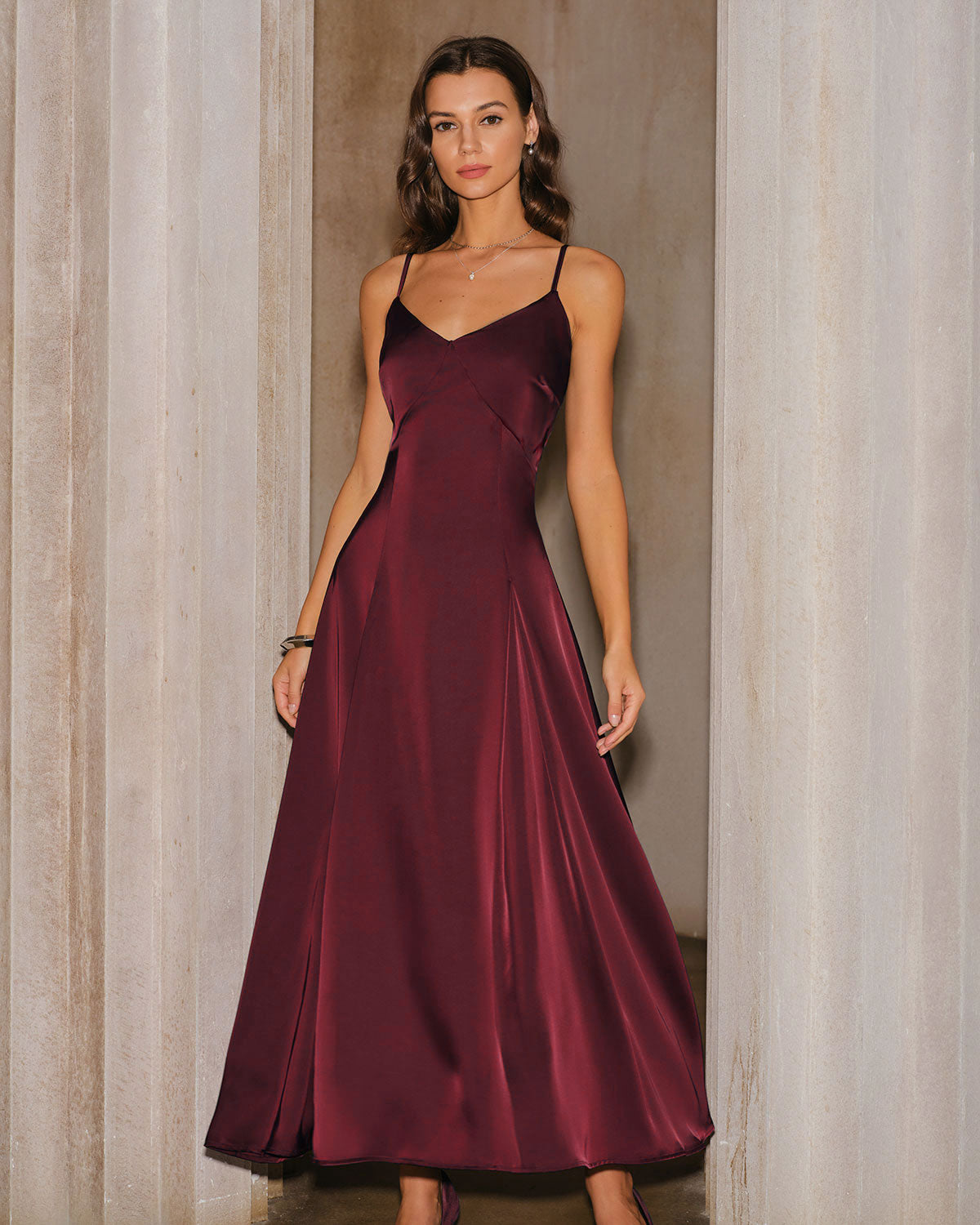 Wine Red Satin A-Line Slip Maxi Dress