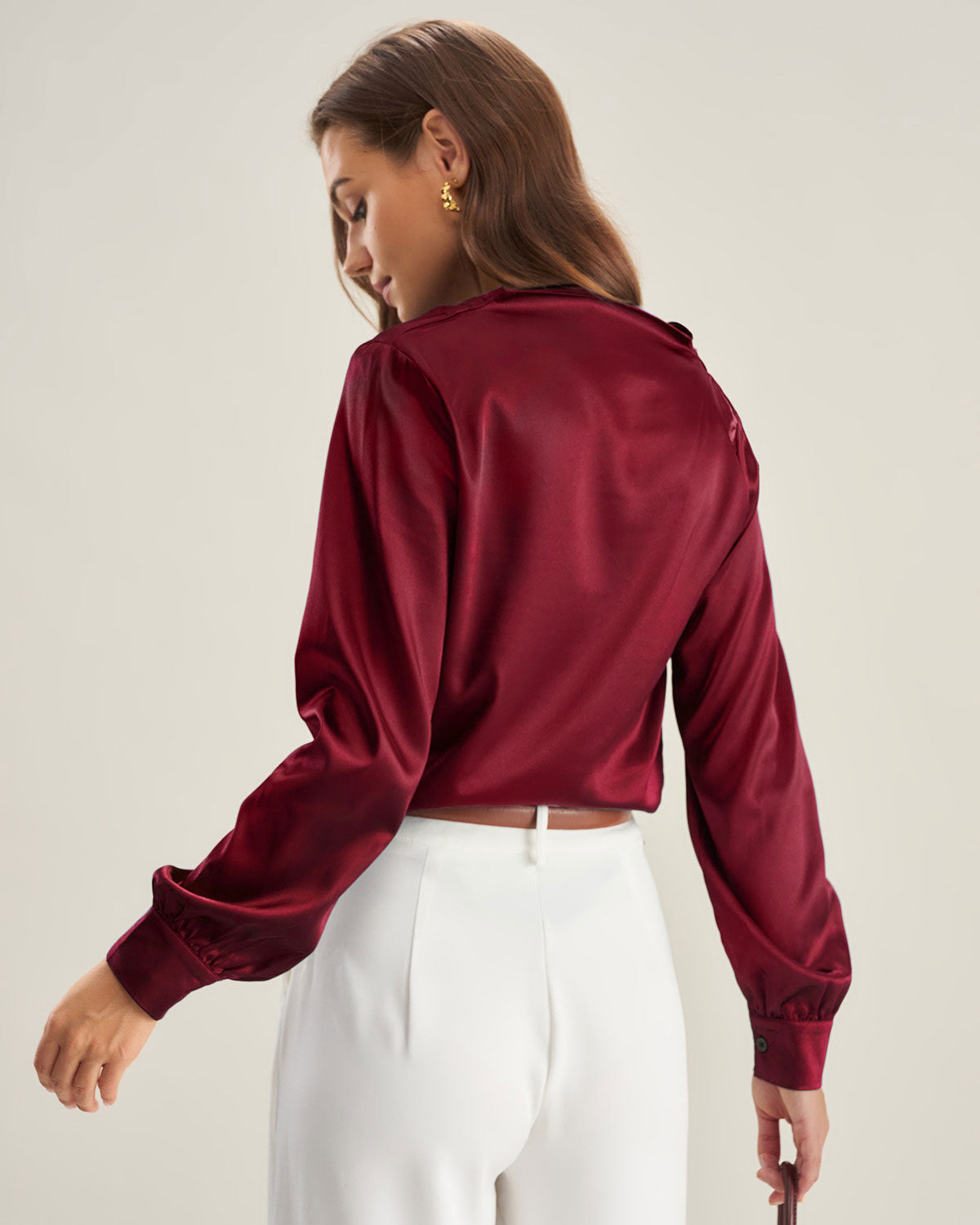 Wine Red Satin V Neck Shirt