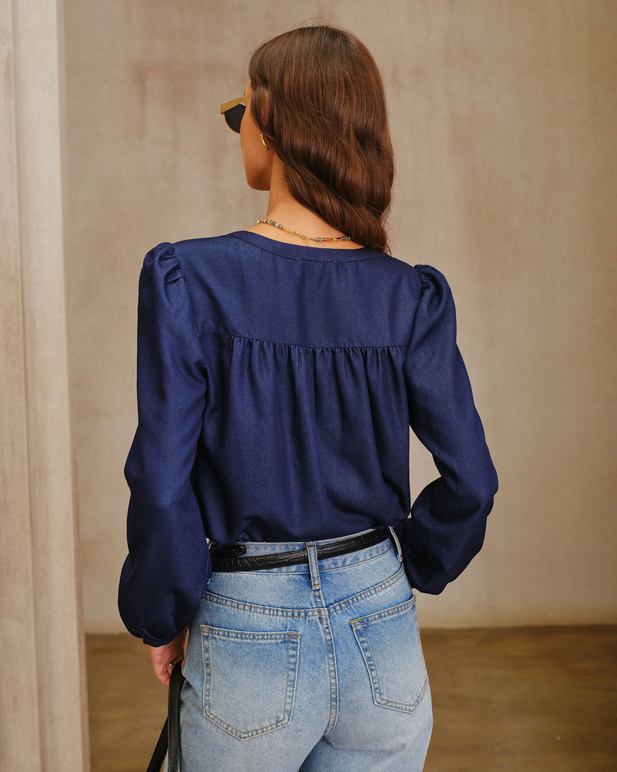 Navy Round Neck Puffed Sleeve Blouse