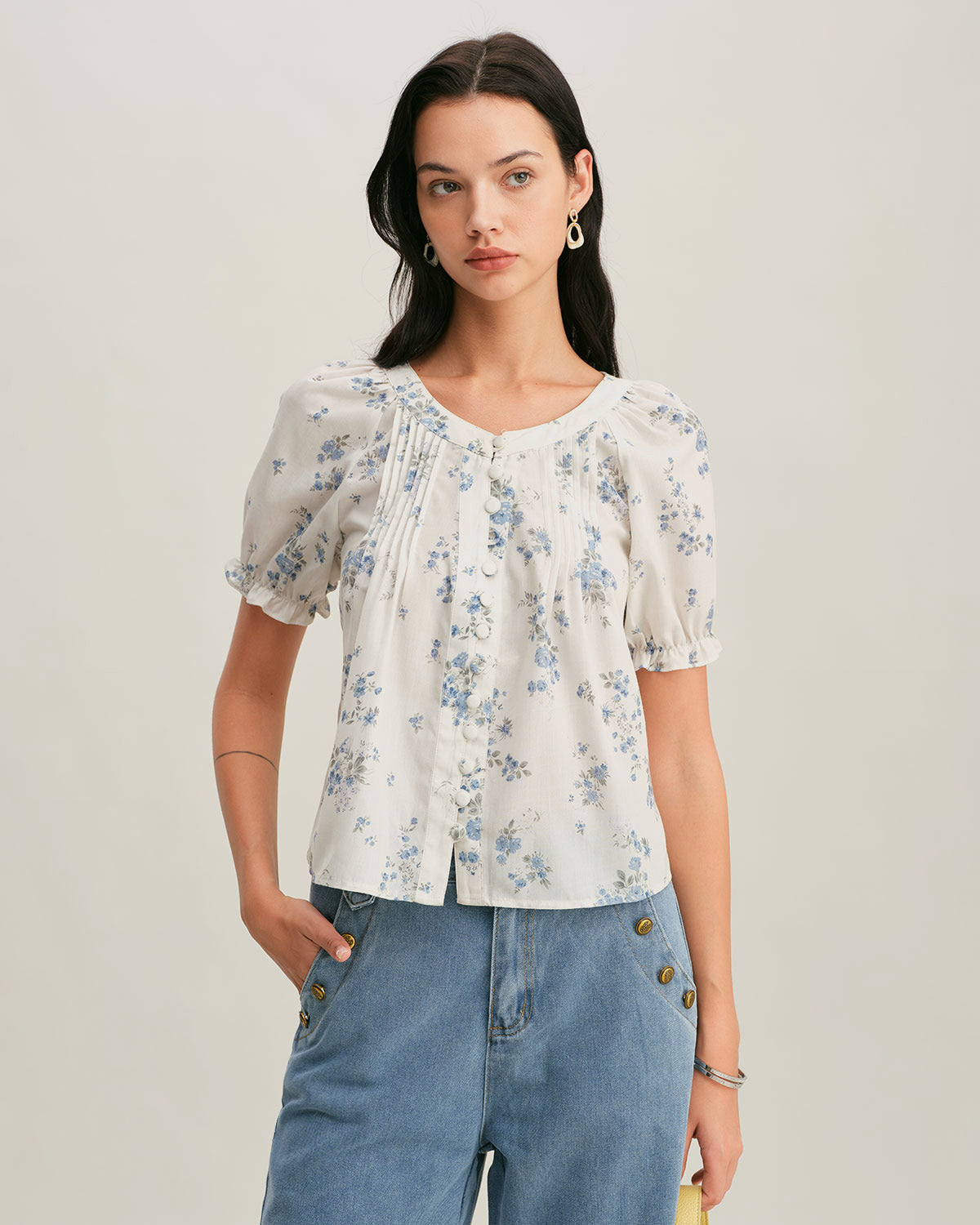 Blue Floral V Neck Button Blouse