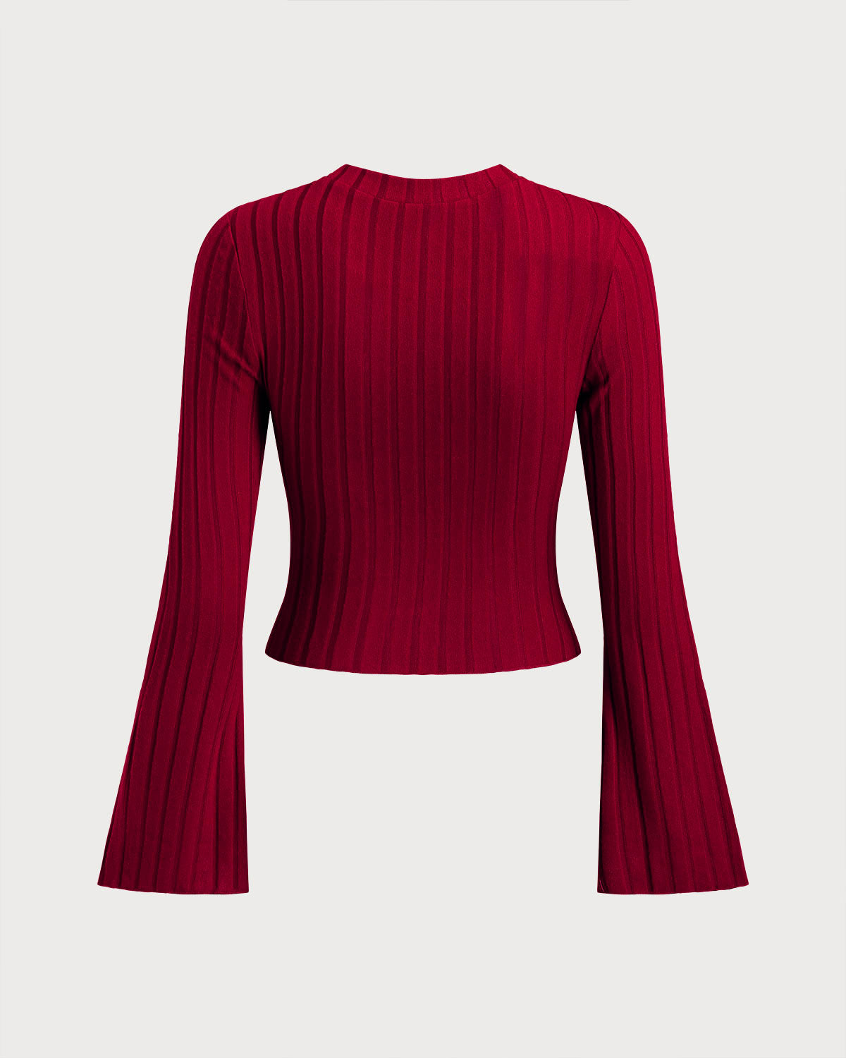 Wine Red Ribbed Knit Bell Sleeve Tee