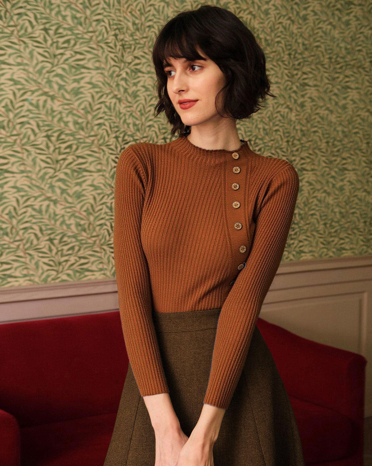 Caramel Mock Neck Ribbed Knit Tee