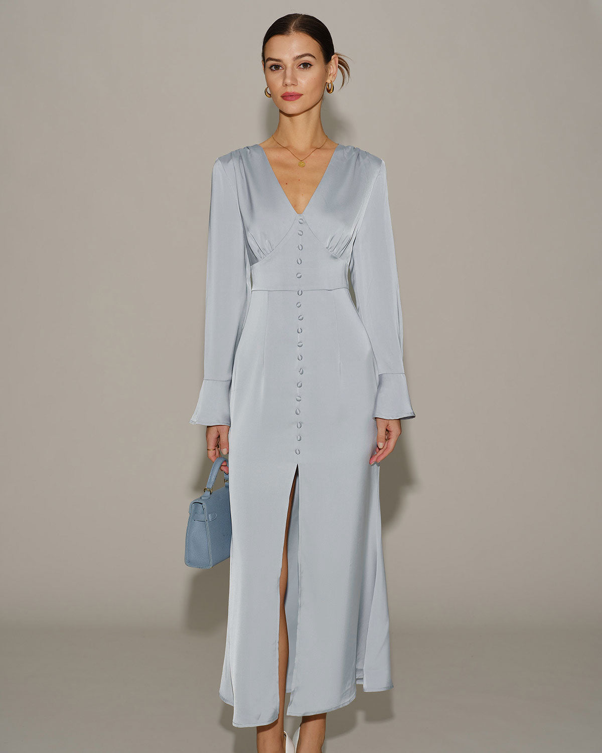 Grey Satin Bell Sleeve Maxi Dress