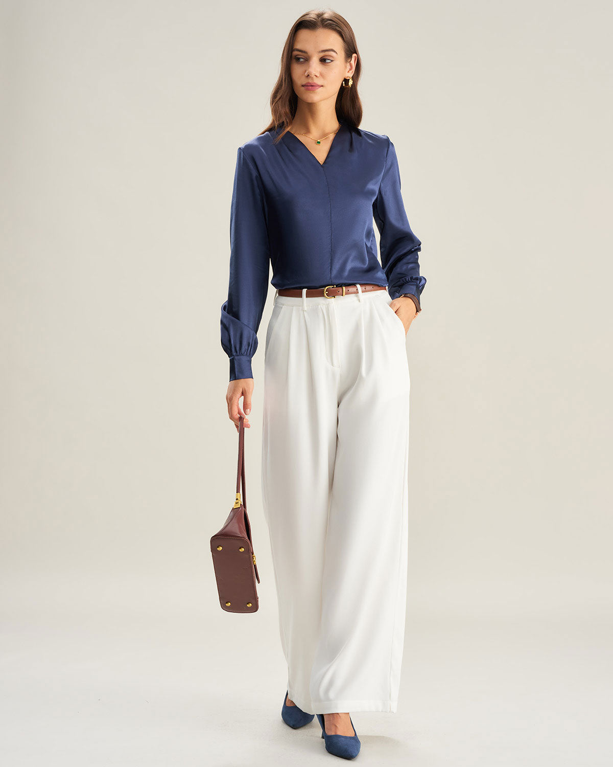 Blue Satin V Neck Shirt