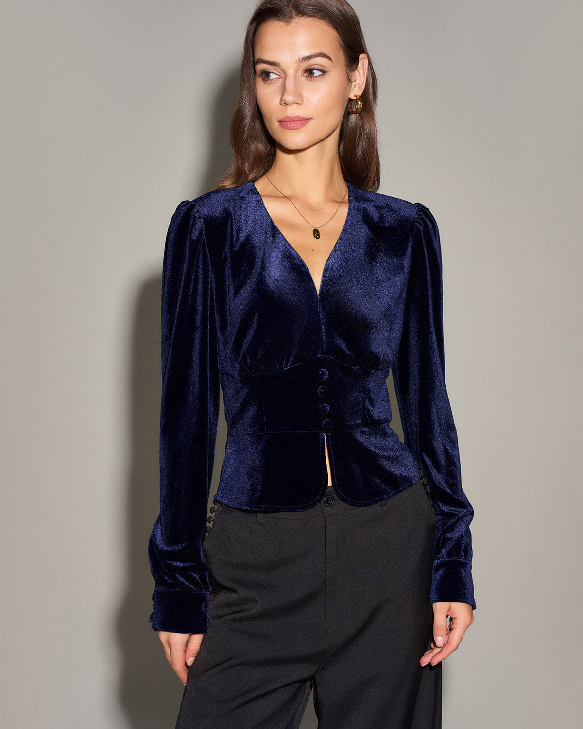 Navy V Neck Velour Blouse