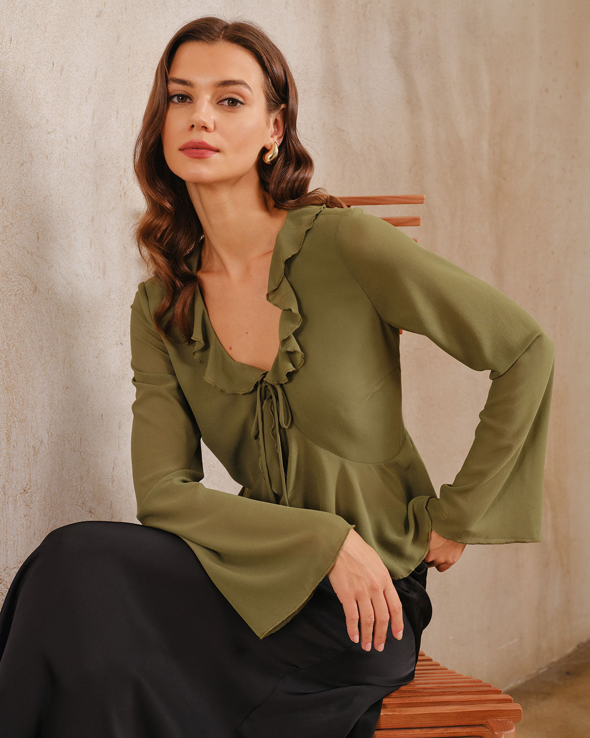 Green Chiffon Ruffle Bell Sleeve Blouse